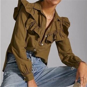 Anthropologie Pilcro Olive Ruffled Blouse